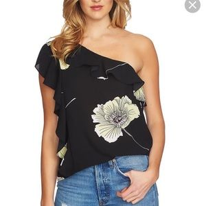 1.State One Shoulder Black Floral Top Shirt Blouse Medium